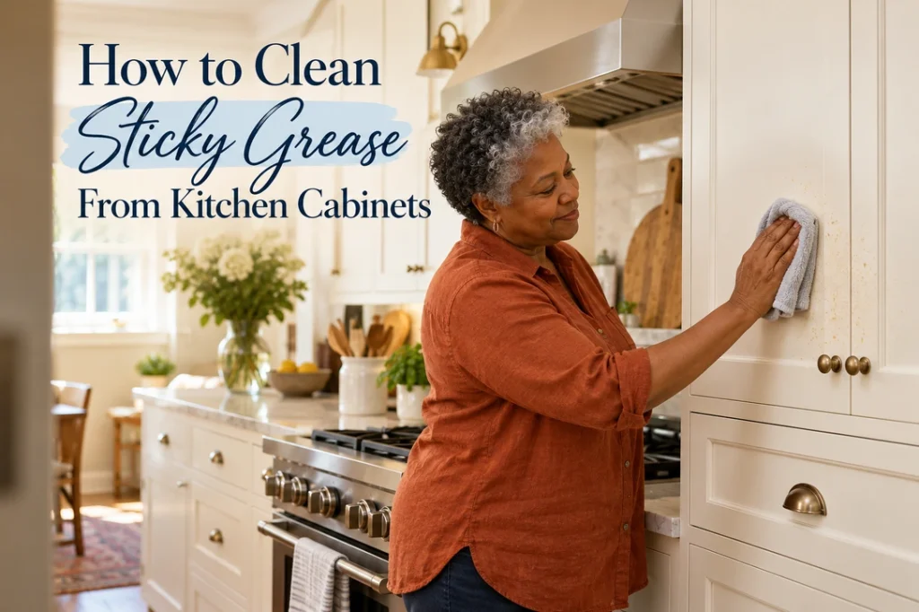 An older woman wipes a cream kitchen cabinet beside the range, with the article title integrated beside her.