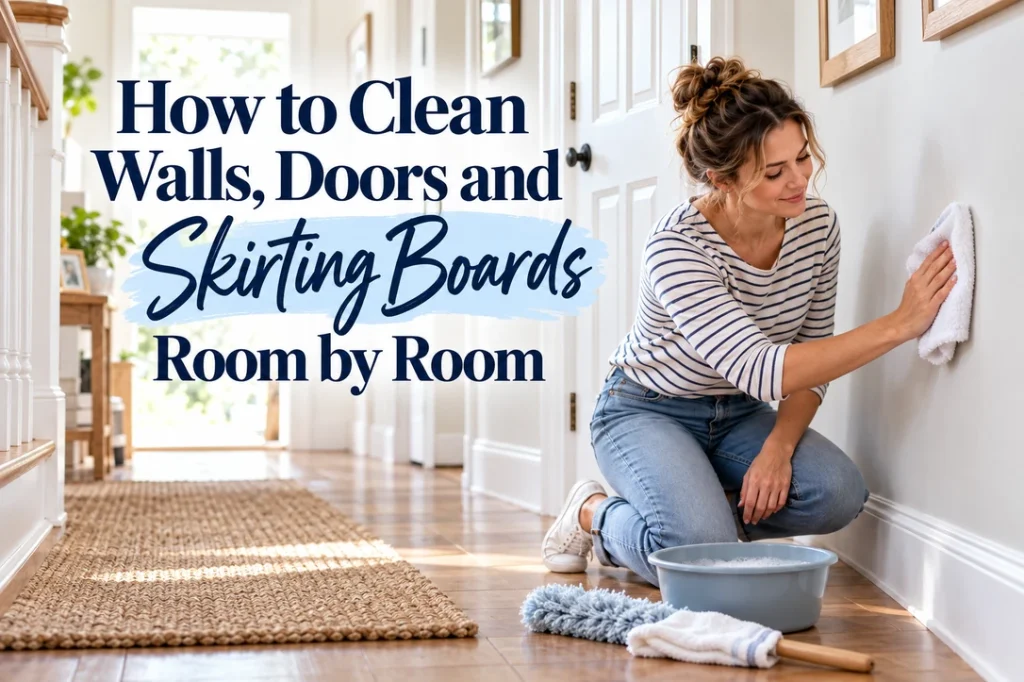 Woman gently cleaning a painted hallway wall beside a white door and baseboards