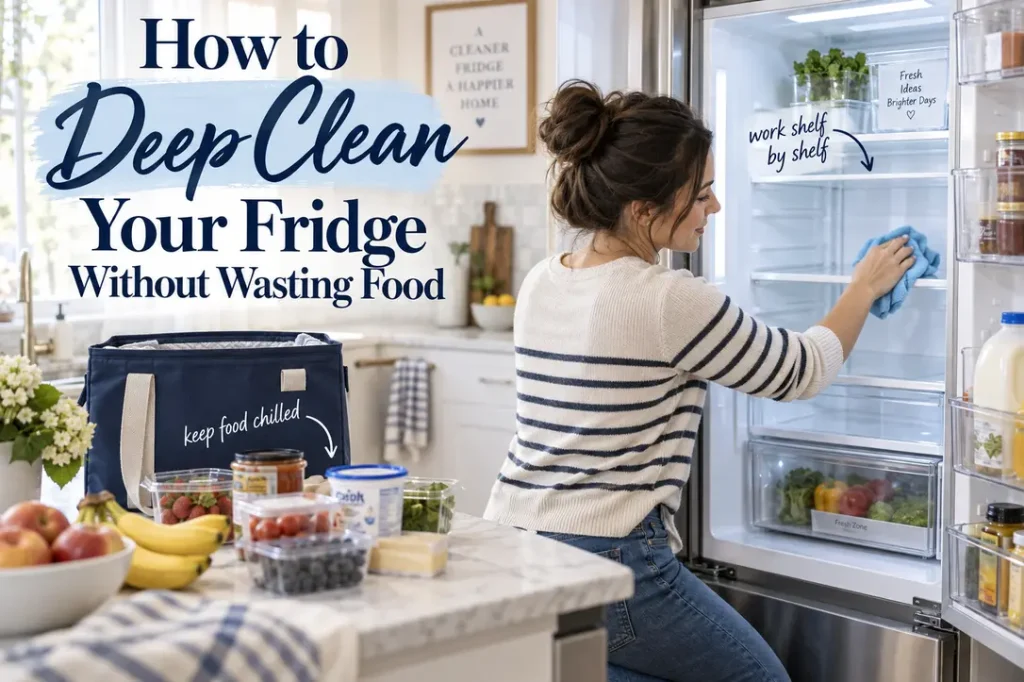 Mum deep cleaning an open refrigerator while food stays chilled in an insulated cooler.