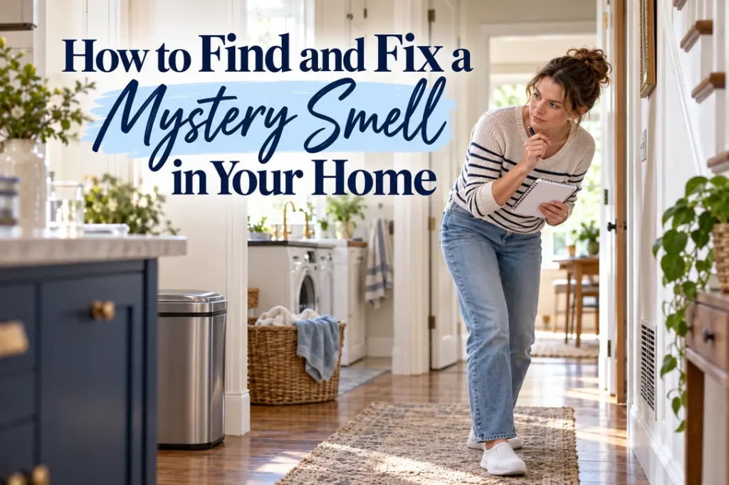 Woman investigating a mystery smell in a bright family living room