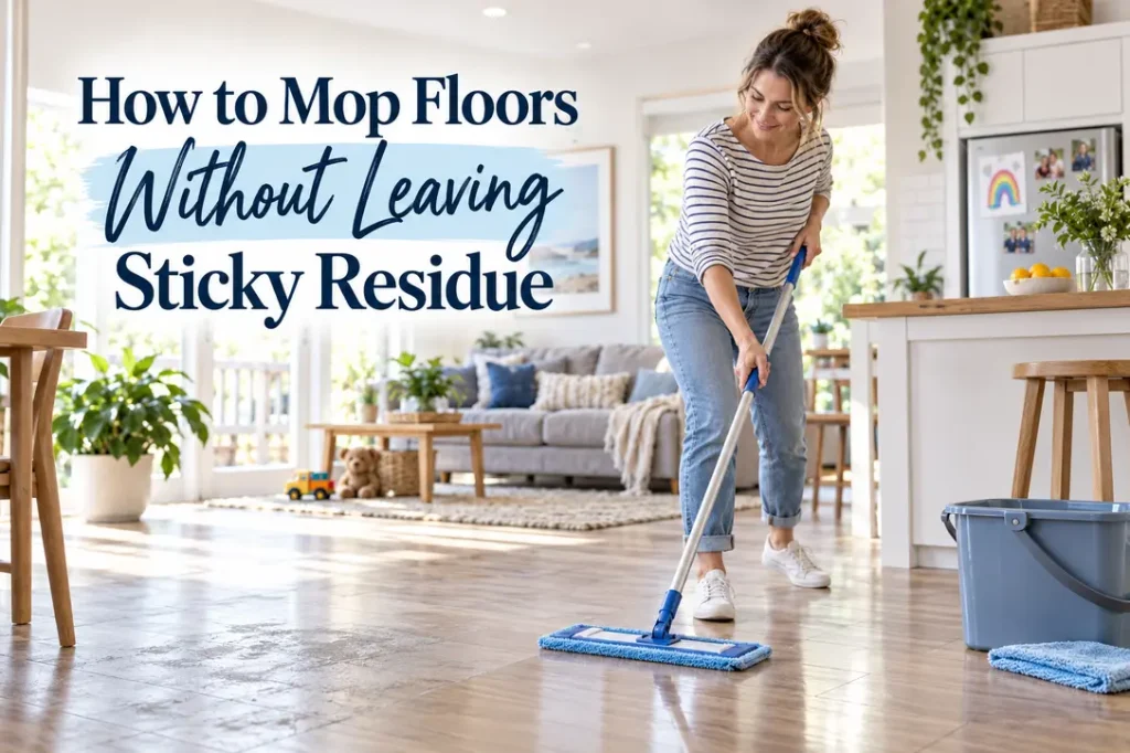 A mum using a flat microfiber mop in a bright family kitchen.