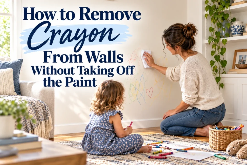 A parent gently wipes crayon marks from a painted wall while a child draws nearby.