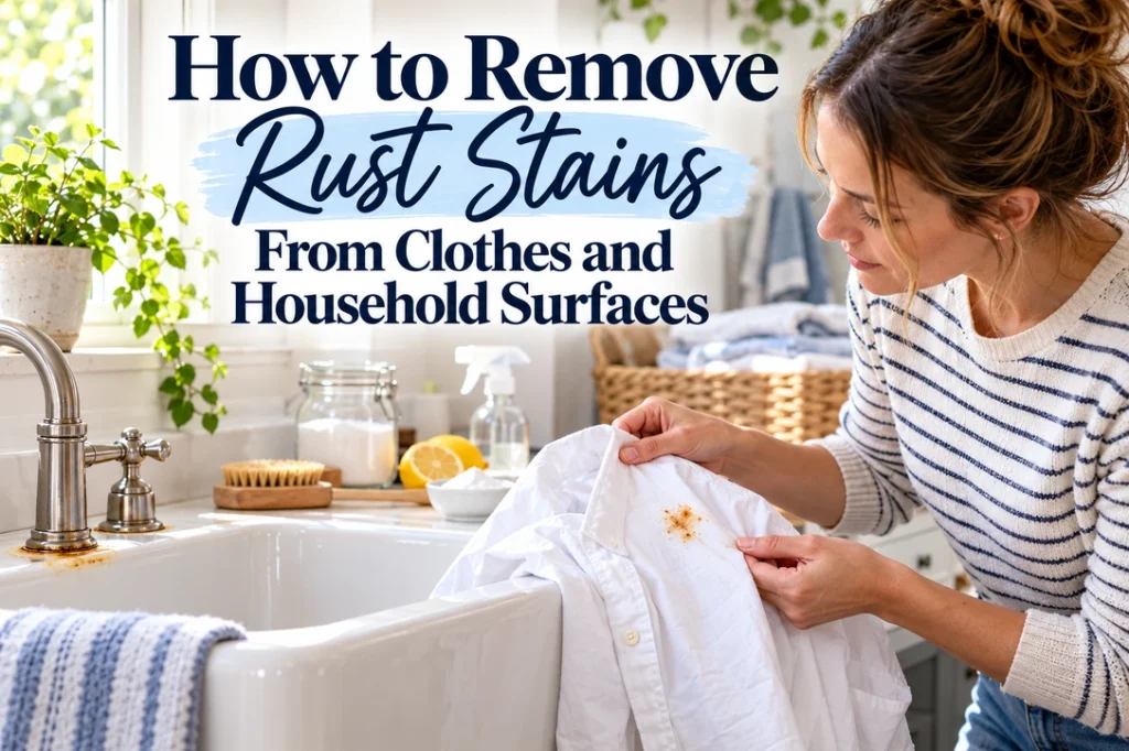 A woman checks a rust mark on a white shirt beside a porcelain sink.