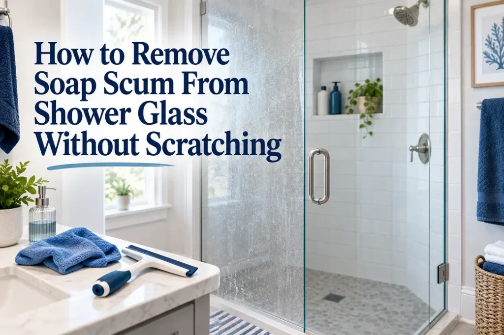 Clear frameless shower glass beside a neatly arranged bathroom cleaning kit, with the article title displayed in blue.