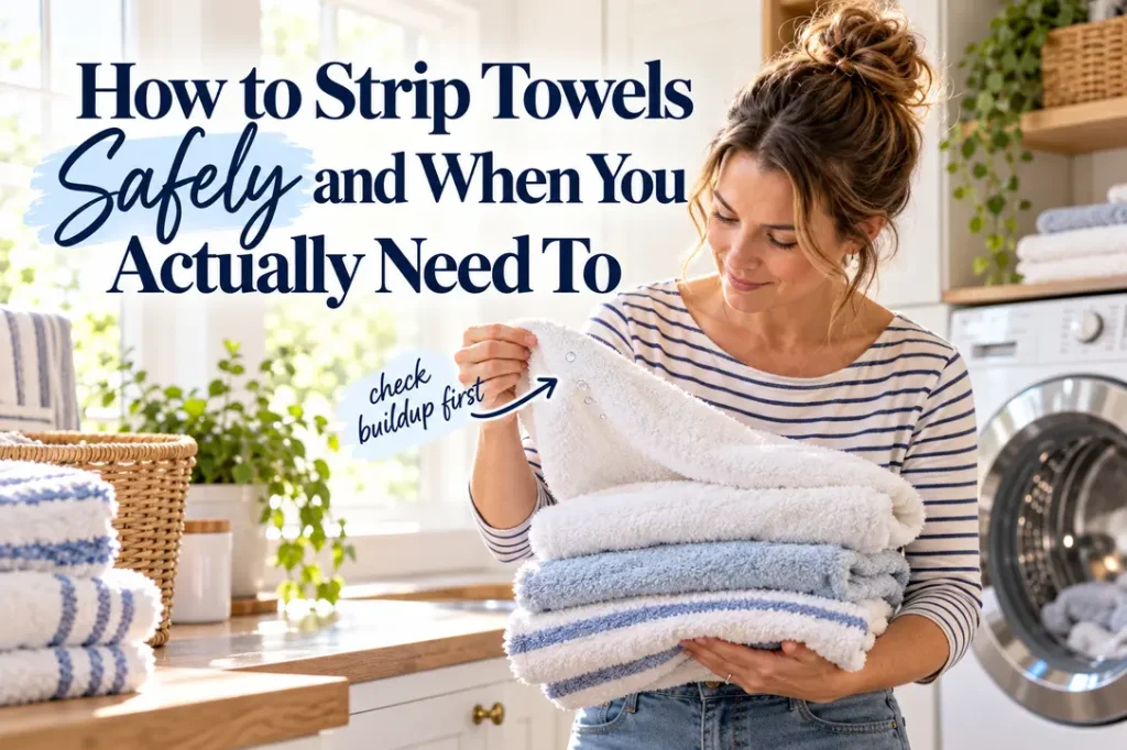Woman in a striped shirt checking a white towel for buildup in a bright laundry room
