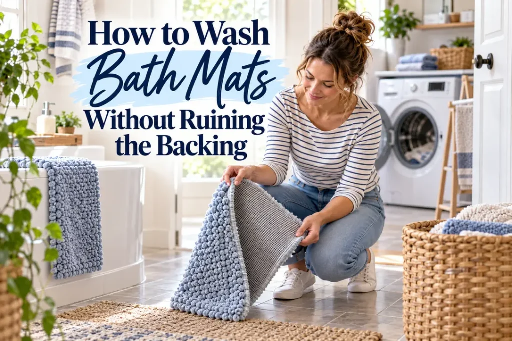 Woman sorting and washing bath mats in a bright laundry room.