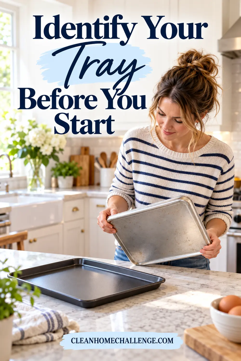 A woman compares a silver bare-metal baking tray with a dark nonstick tray on a kitchen counter.