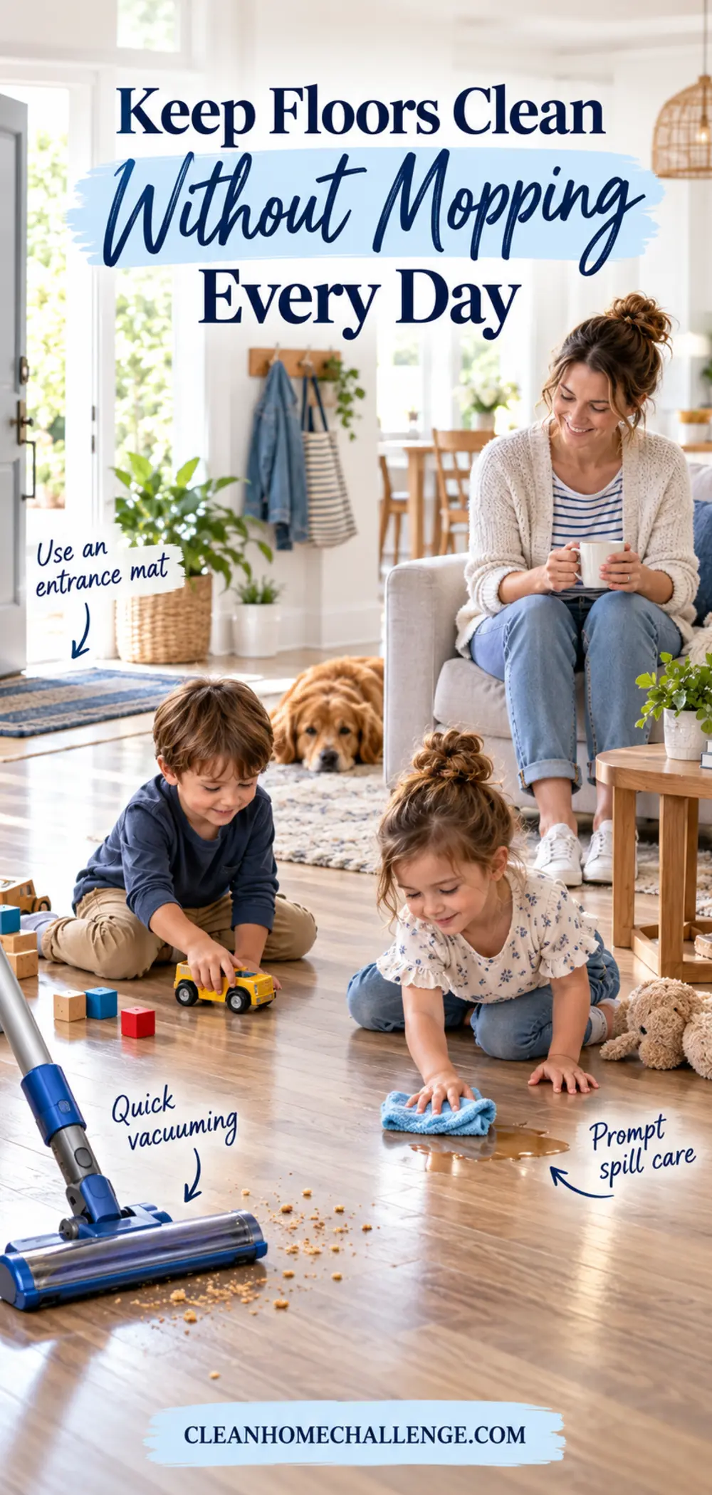 Children playing on a clean hard floor while their mum relaxes nearby in a lived-in room.