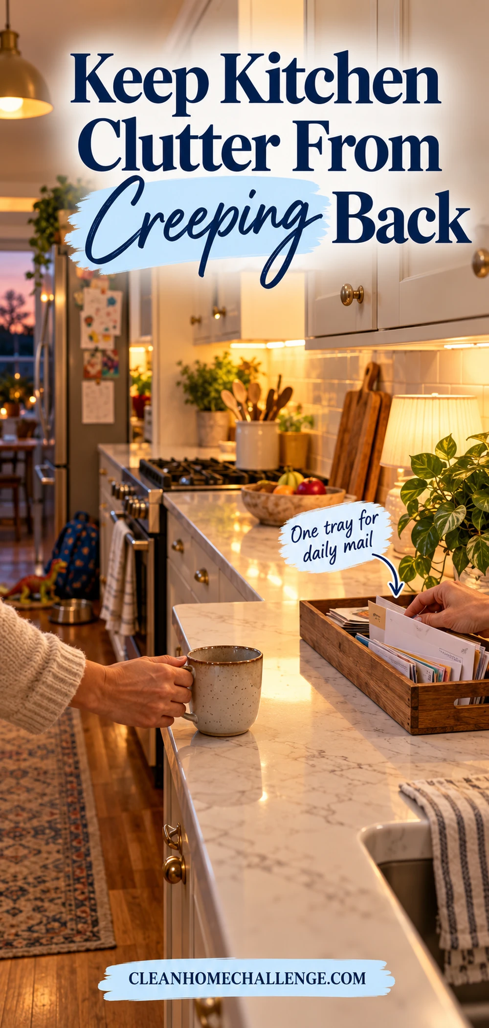 Tidy kitchen counter with a ten-minute reset checklist and a small donation box nearby.