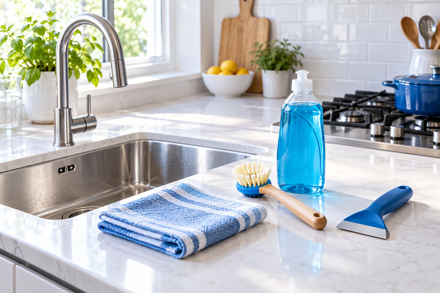 Kitchen cleaning products beside a sparkling sink and stovetop