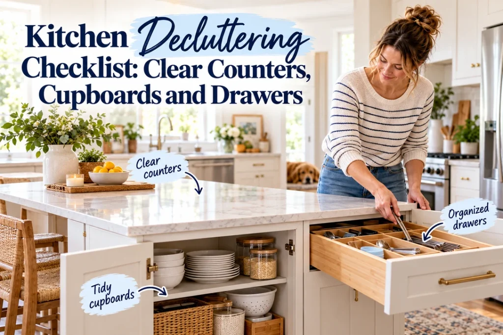 Woman organizing a kitchen drawer beside a clear counter and open cupboard.