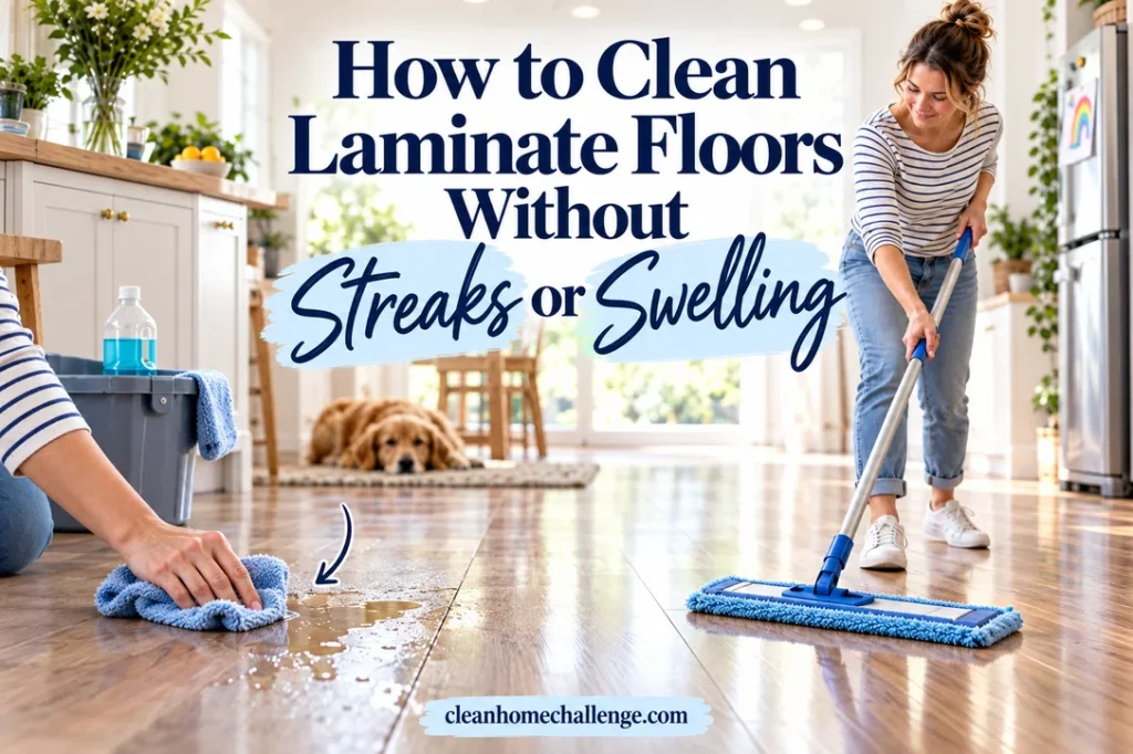 Woman in a striped shirt mopping laminate flooring while a spill is blotted in a family kitchen.