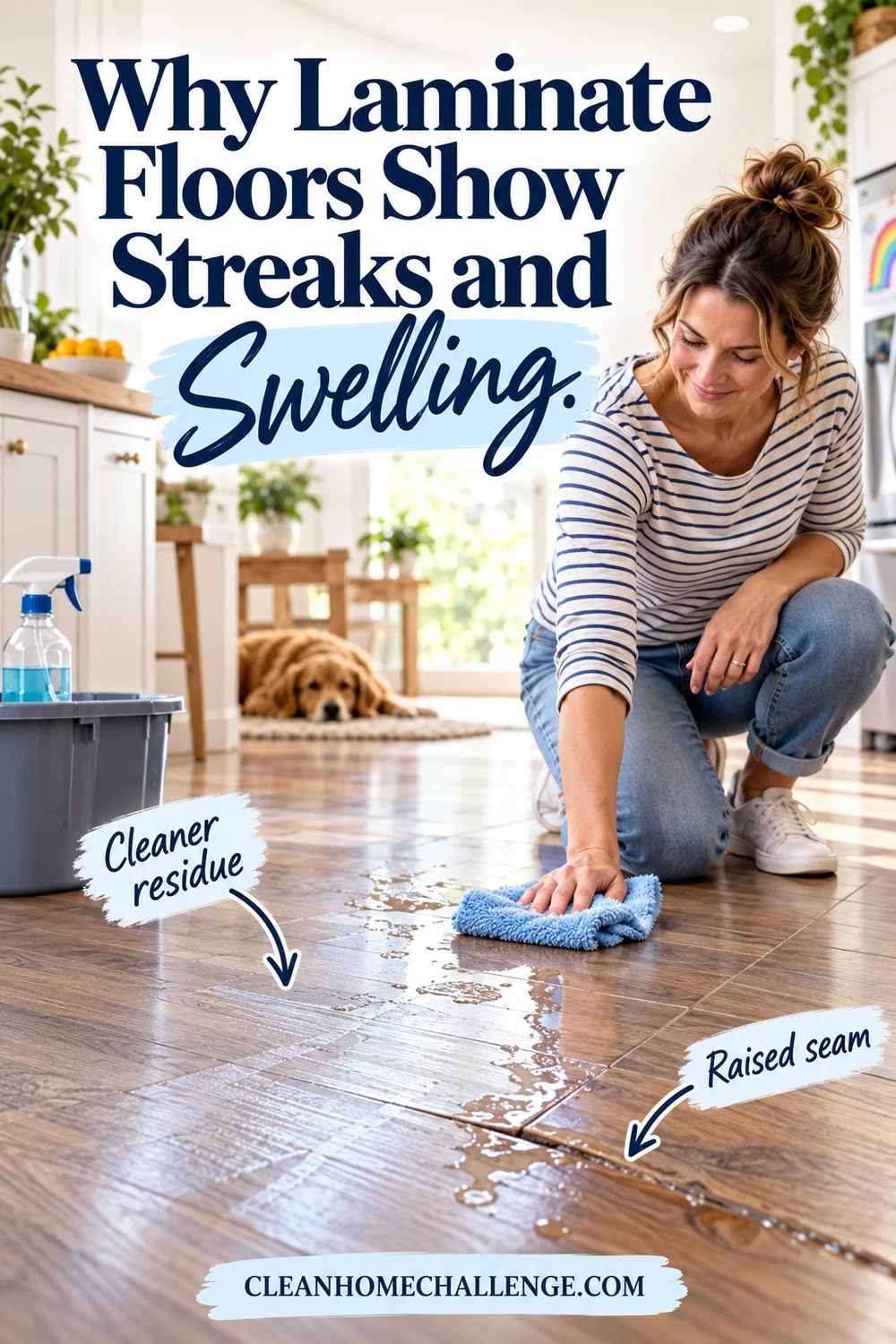Woman in a striped shirt blotting laminate near a wet seam, with cleaner residue on the floor.