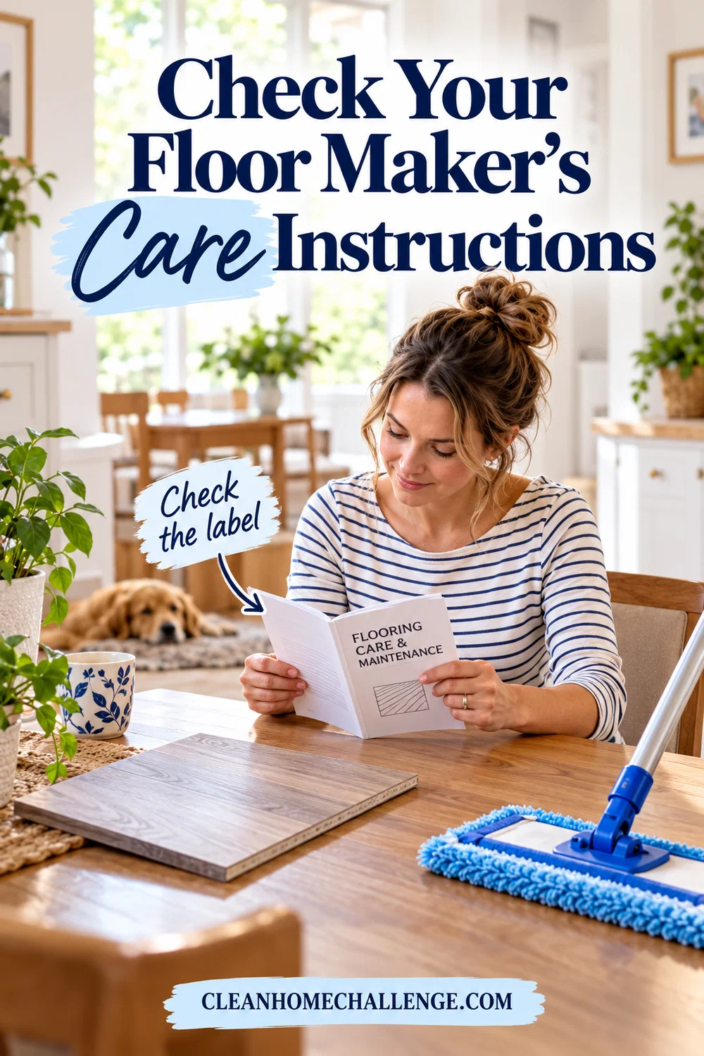 Woman reading a laminate flooring care booklet beside a sample plank and blue microfiber mop.