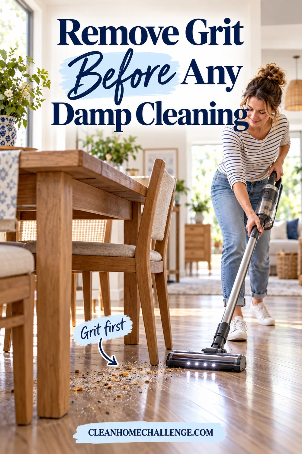 Woman vacuuming crumbs from laminate beneath a family dining table before damp cleaning.