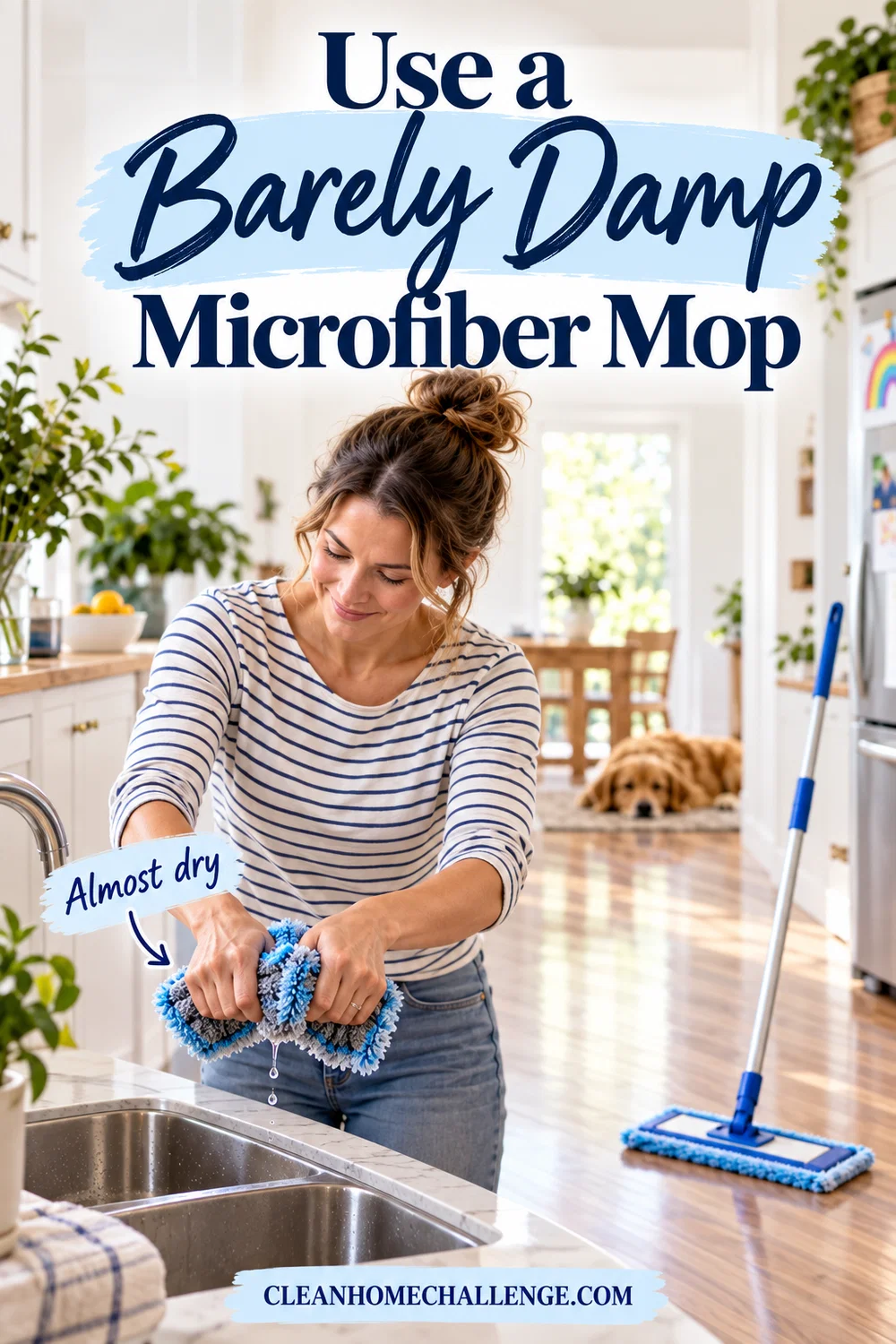 Woman wringing a blue microfiber pad over a sink until only a few drops remain.
