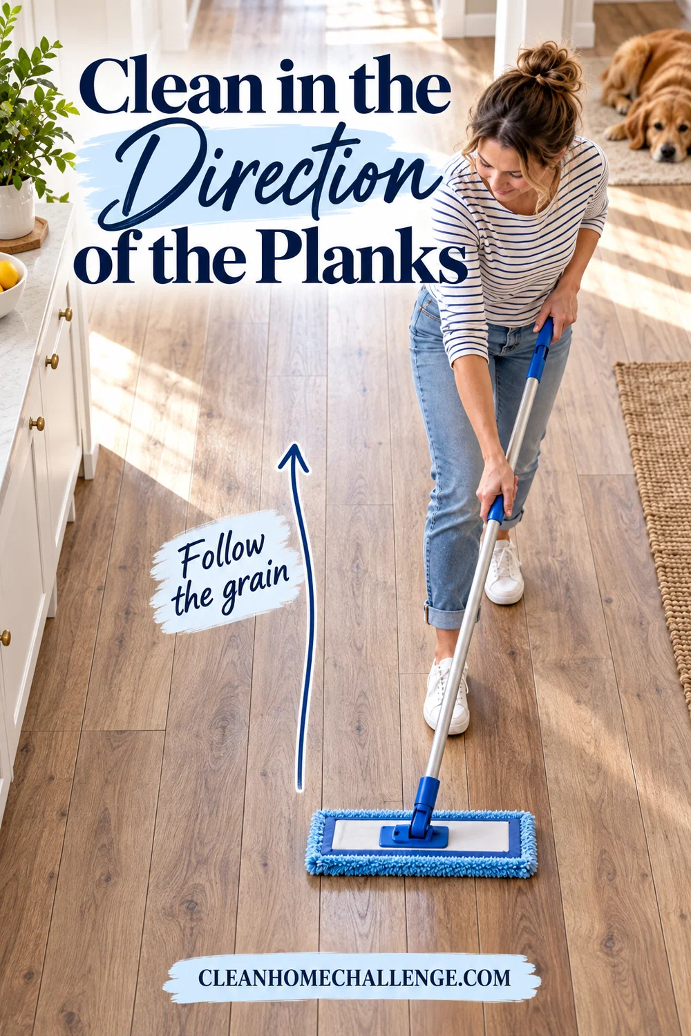 Woman moving a flat microfiber mop along the length of laminate planks in a family home.