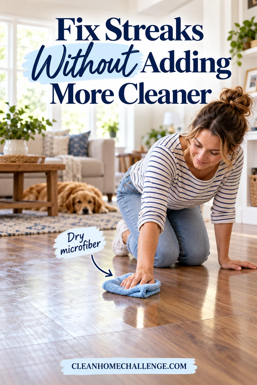 Woman buffing hazy laminate flooring with a dry blue microfiber cloth.