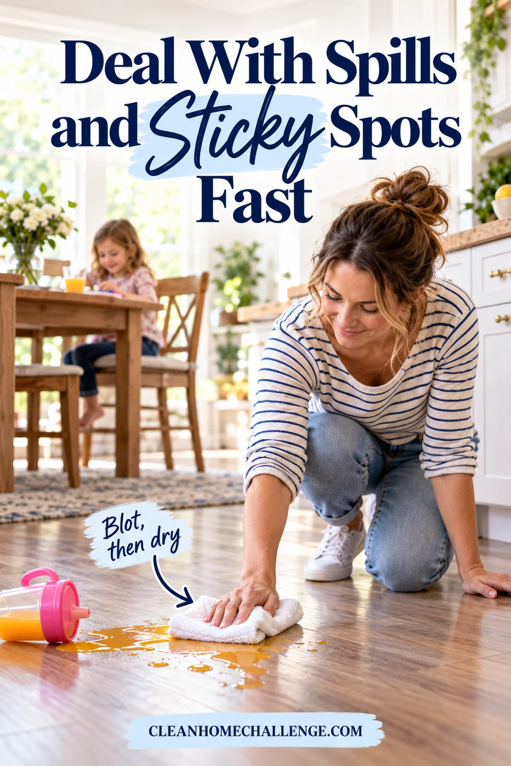Woman blotting a small orange drink spill from laminate while a child sits at the table.