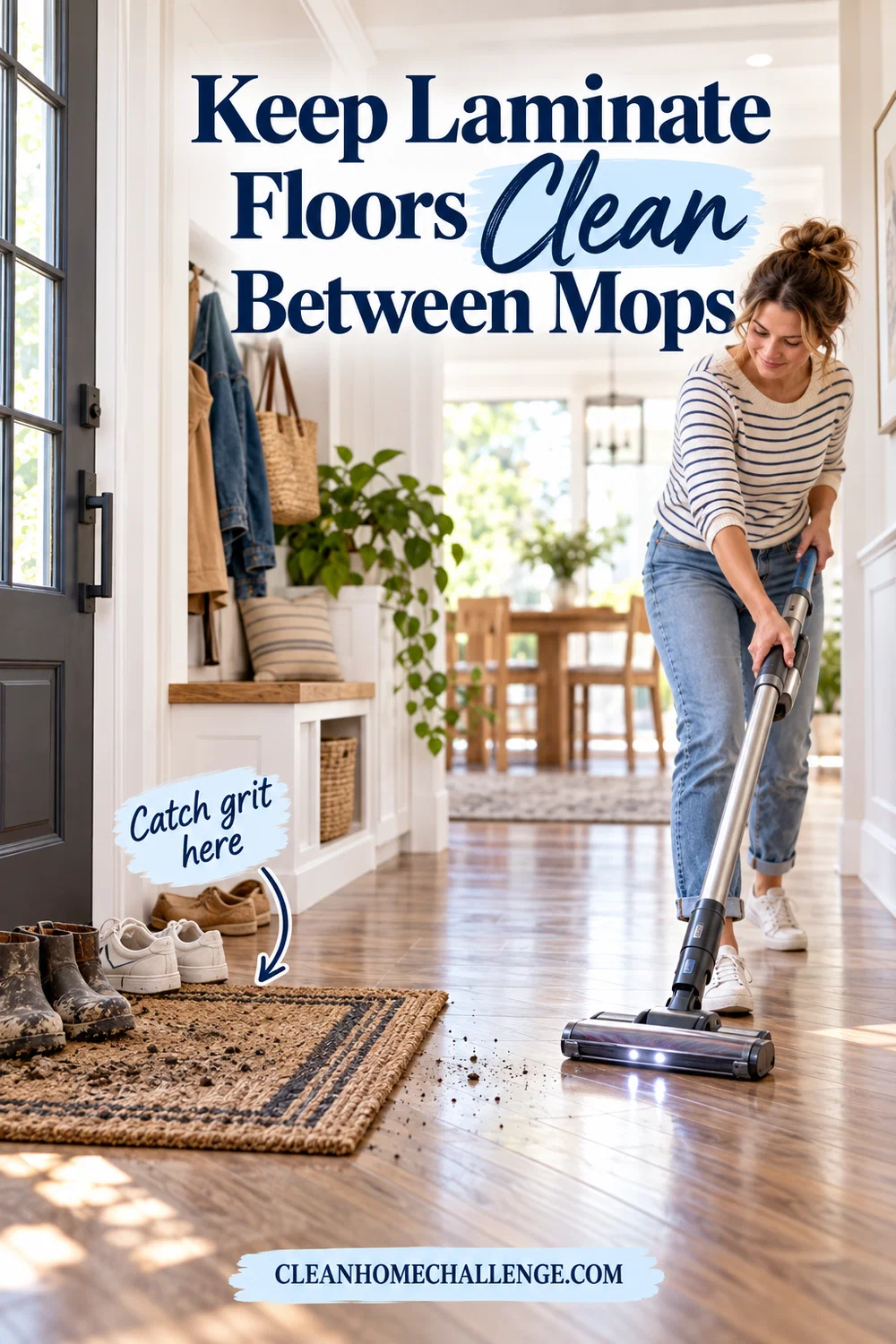 Woman vacuuming laminate beside a grit-catching entrance mat in a family entryway.