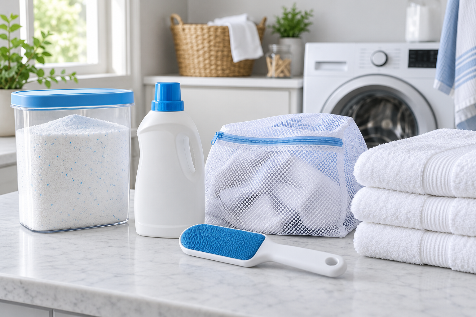 Laundry essentials arranged neatly beside a washing machine