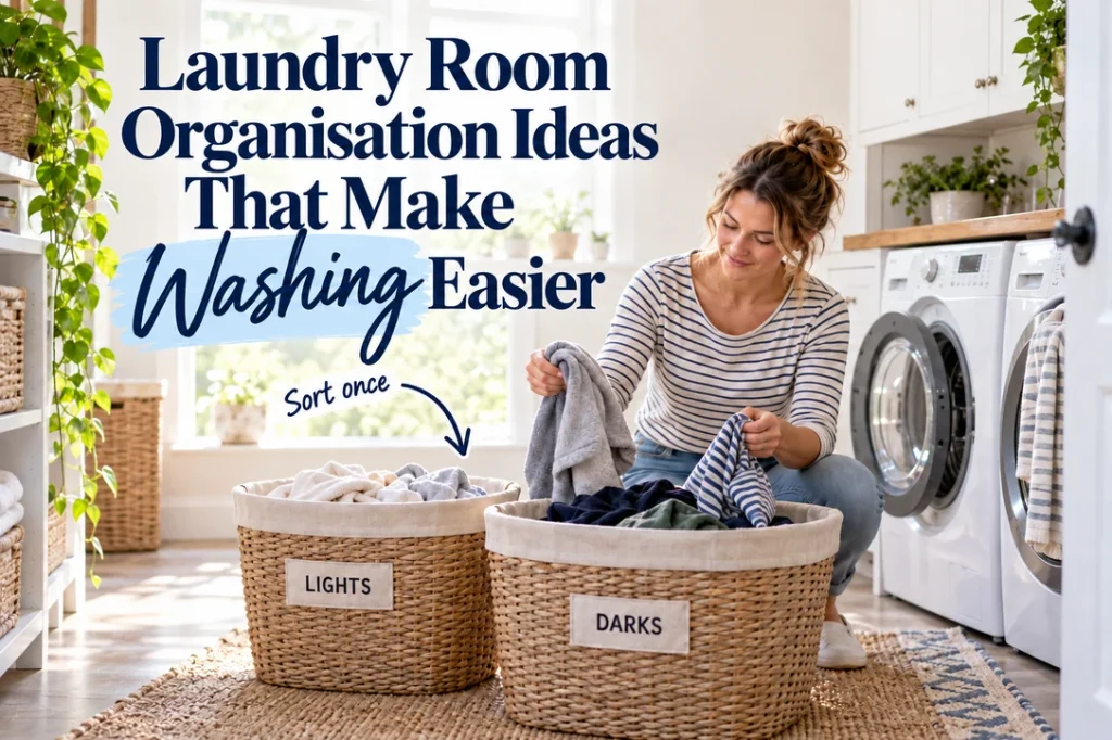 A mother sorts light and dark clothes into two baskets in a sunlit family laundry.