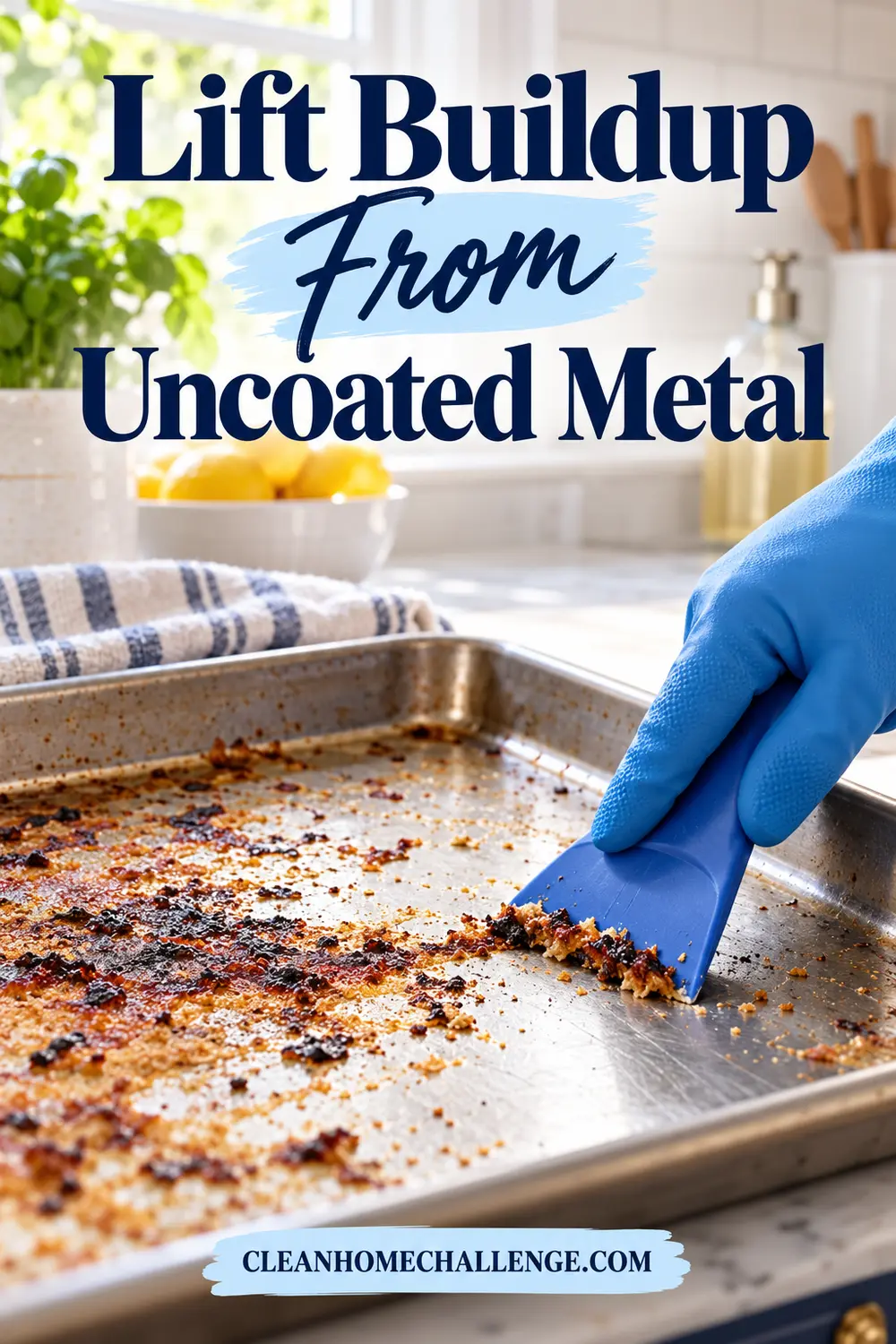 A blue flexible scraper lifts a raised patch from a bare-metal baking tray.