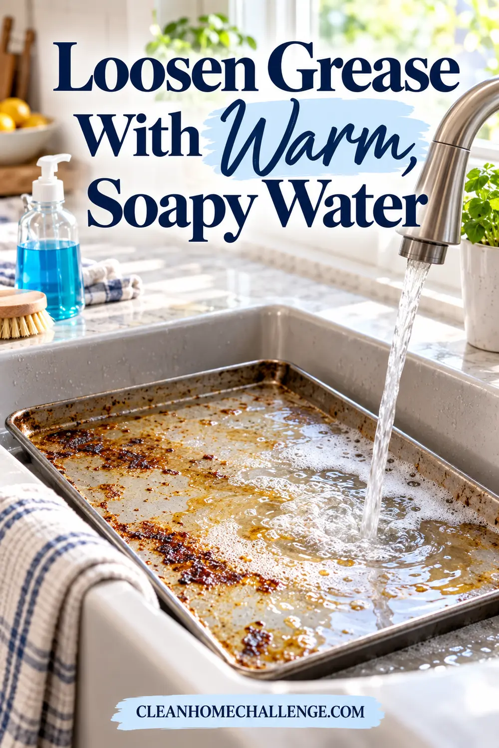 Warm water runs into a greasy rimmed sheet pan in a kitchen sink.
