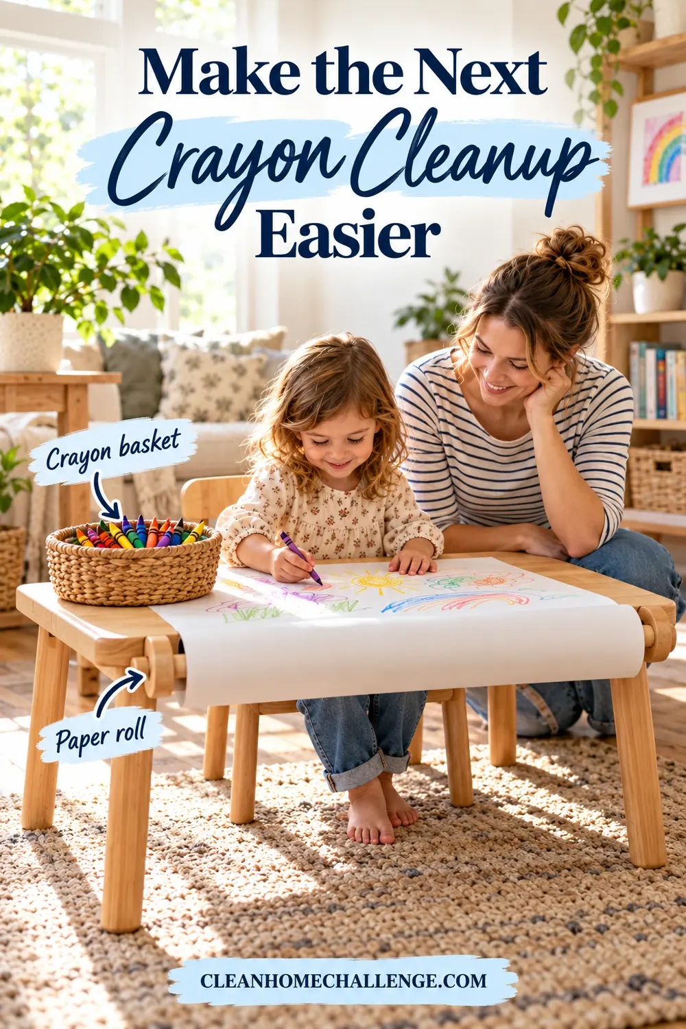 A child draws on paper at a small table with a crayon basket nearby.