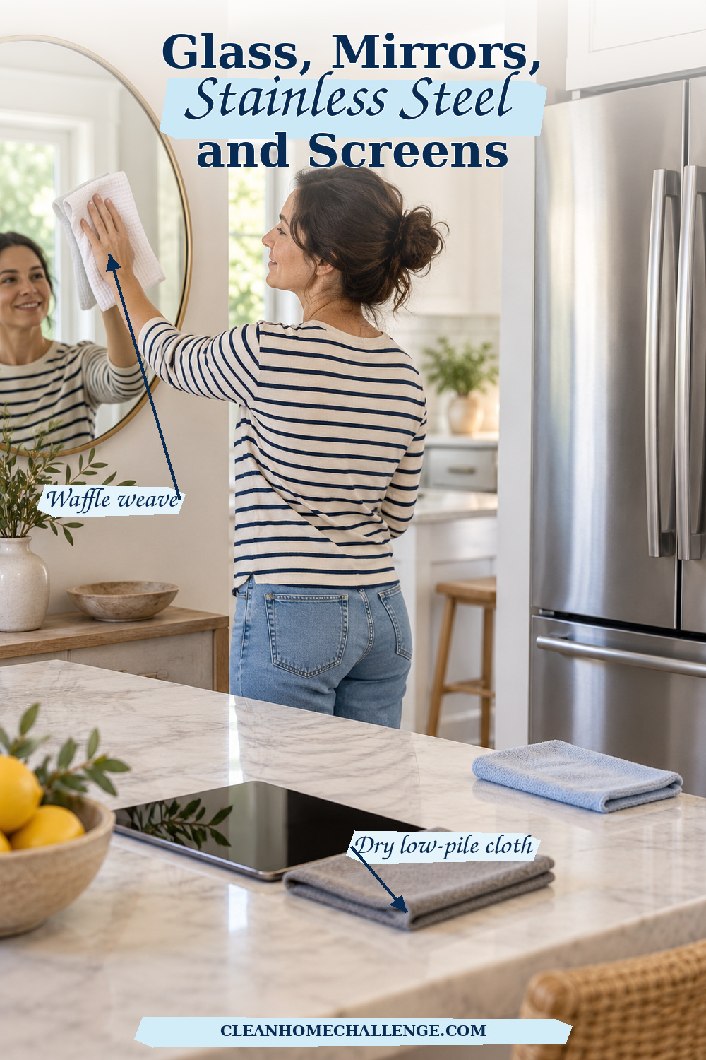 Woman cleaning a mirror beside stainless steel with specialty microfiber cloths
