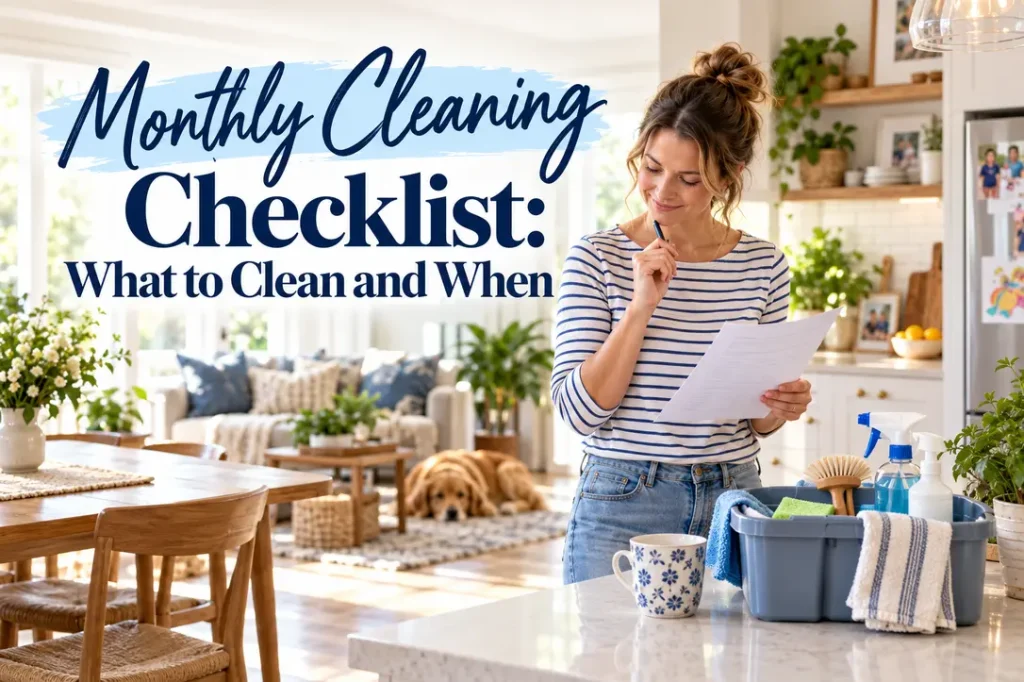 Striped-shirt woman planning a monthly cleaning checklist at a bright kitchen table with realistic cleaning tasks around her.