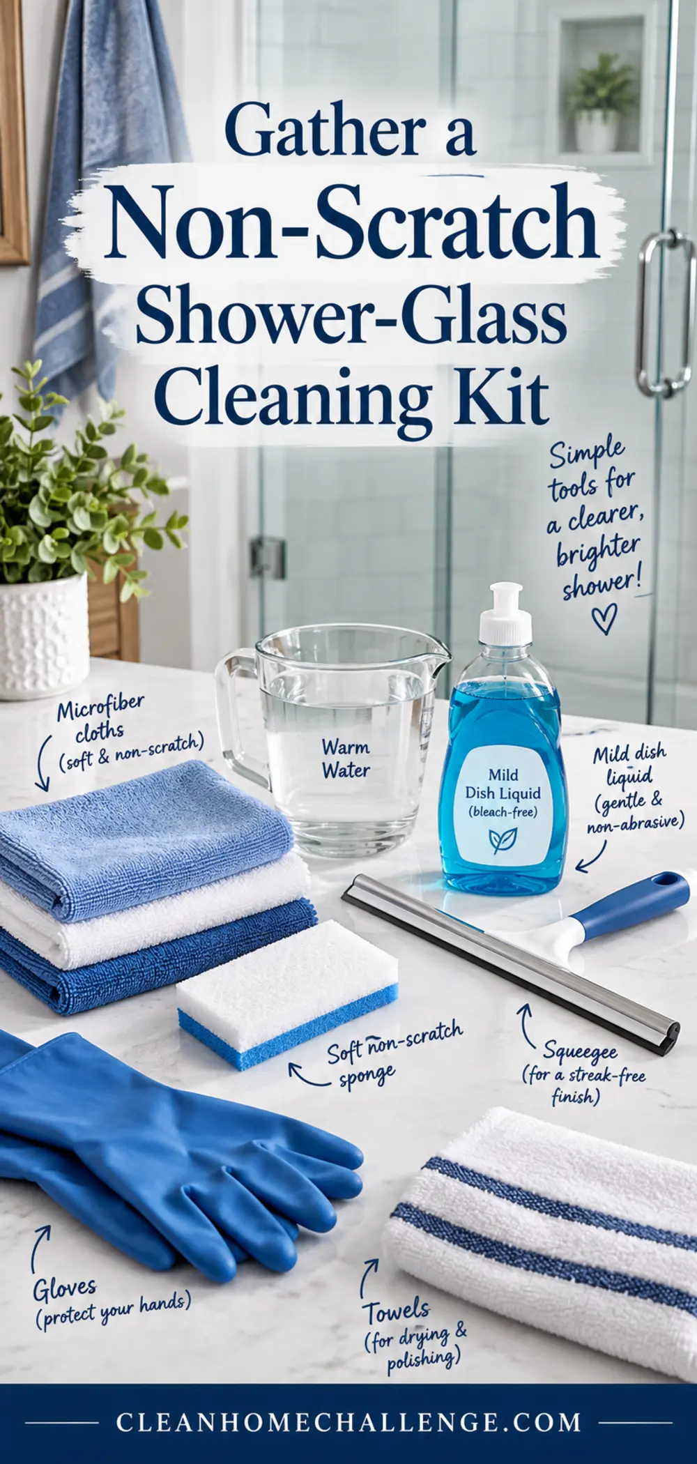 Non-scratch shower-glass kit with microfiber cloths, soft sponge, squeegee, mild cleaner, gloves and towel.