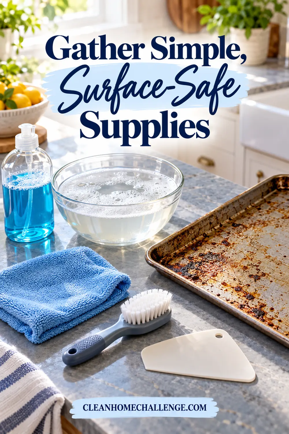 A dish soap bottle, basin of water, microfiber cloth, soft brush, and flexible scraper sit beside a dirty tray.