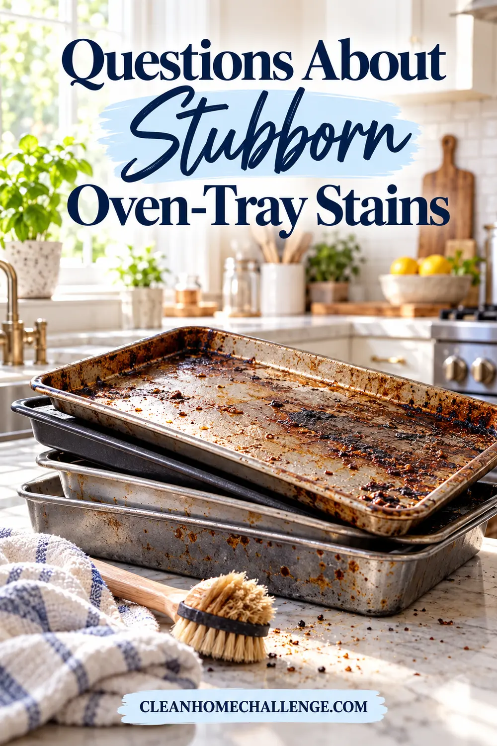 Several worn baking trays are stacked beside a soft brush and dish towel.