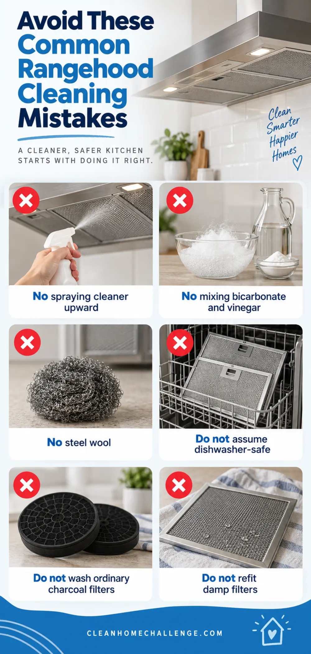 Six-panel warning checklist showing unsafe rangehood cleaning mistakes with red cross icons.