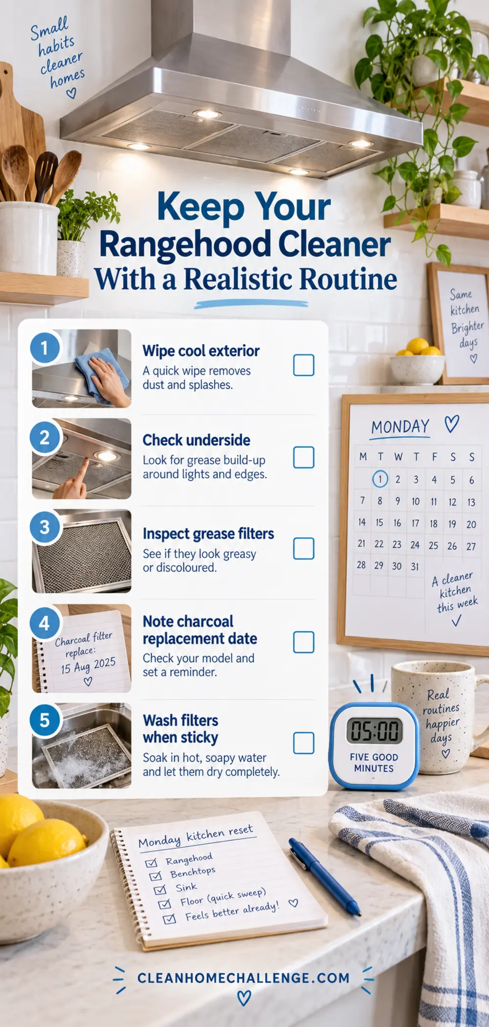 Monday rangehood routine checklist beside a clean kitchen, calendar and five-minute timer.