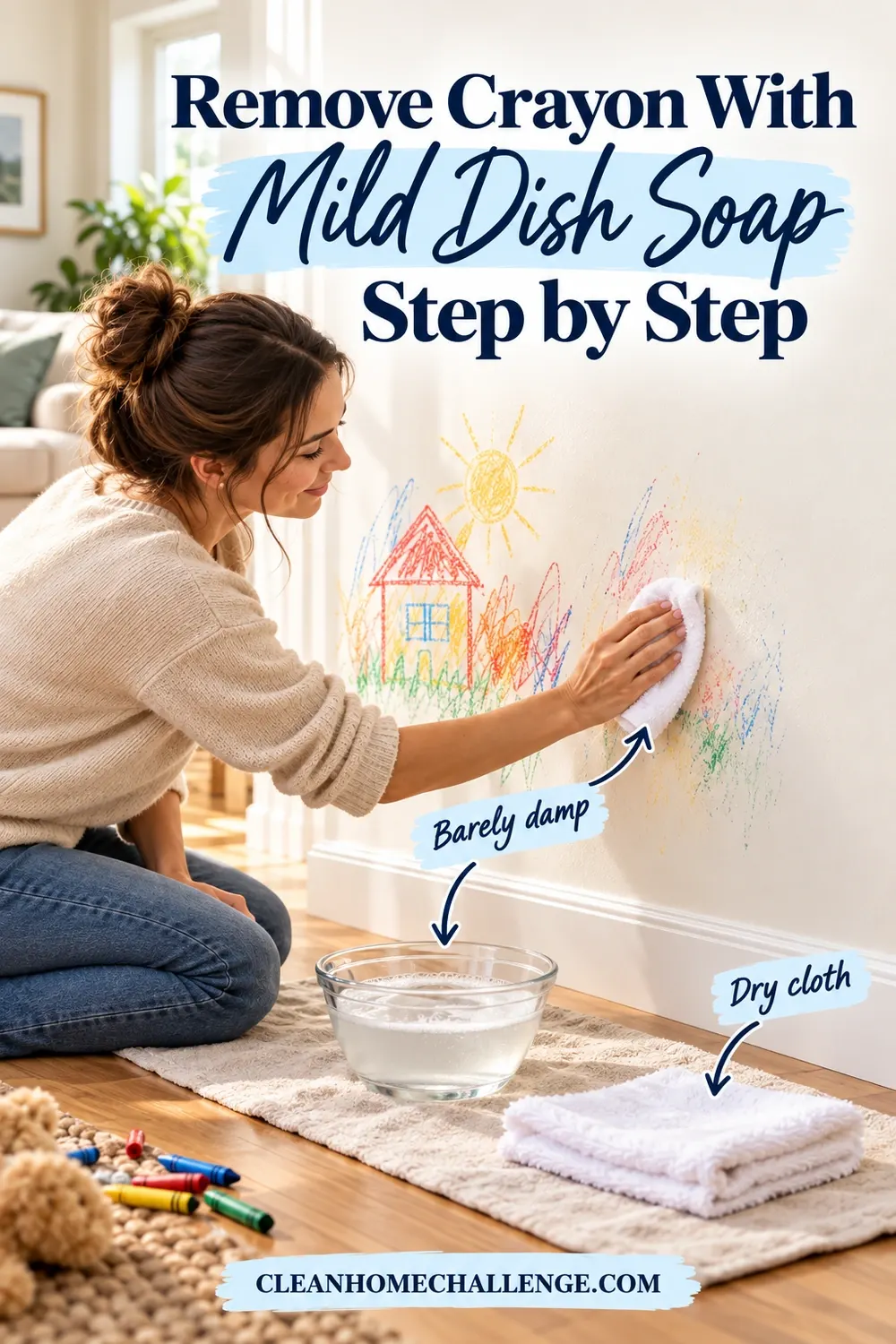 A parent dabs crayon marks with a soft cloth beside mild soapy water and a dry towel.