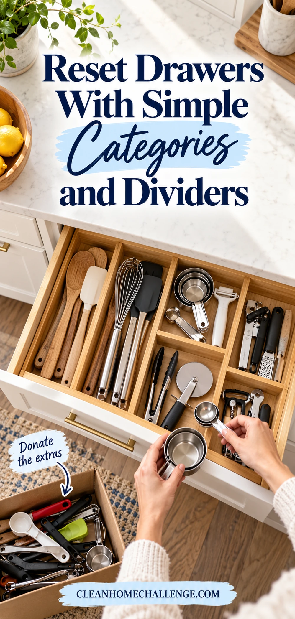 Organized kitchen utensil drawer with adjustable dividers and a little open space.