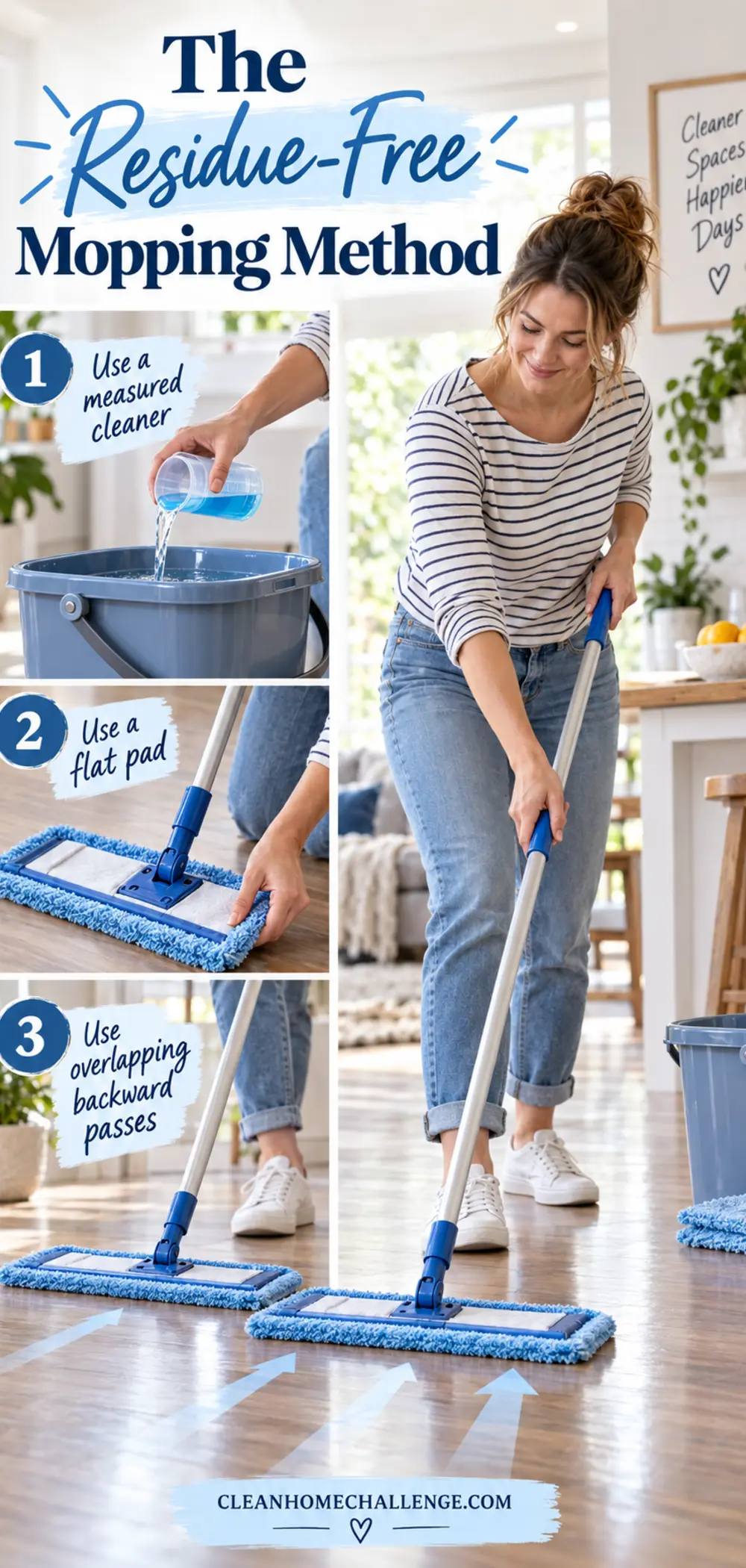 Flat microfiber mop being pulled backward across a lightly damp hard floor.