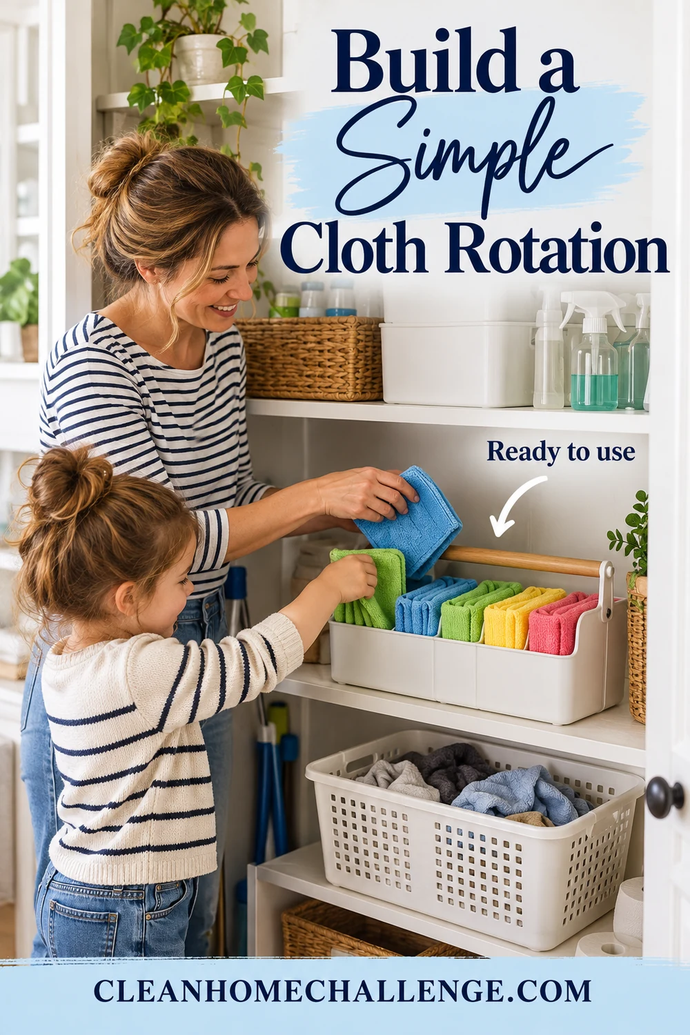 A mother and child organize color-coded clean cloths beside a separate used-cloth basket.