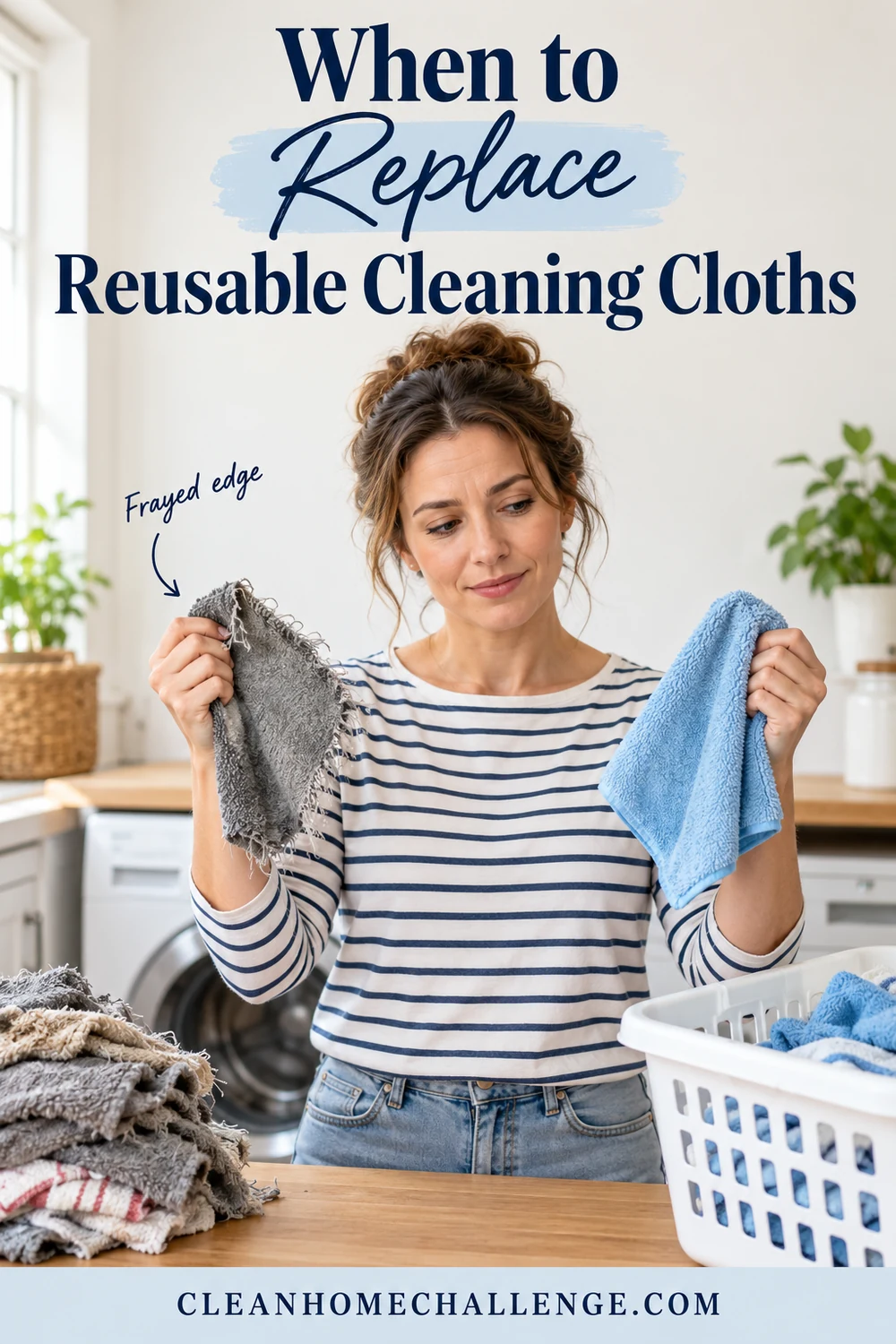 A woman separates a stained frayed gray cloth from a fresh blue reusable cloth.