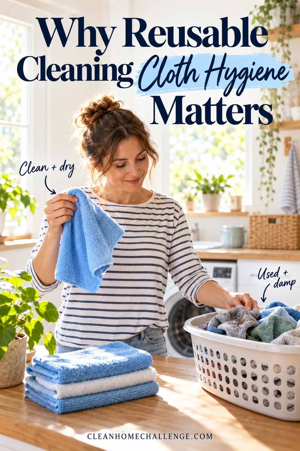 A woman compares a clean dry blue cloth with a basket of damp dirty cleaning cloths.