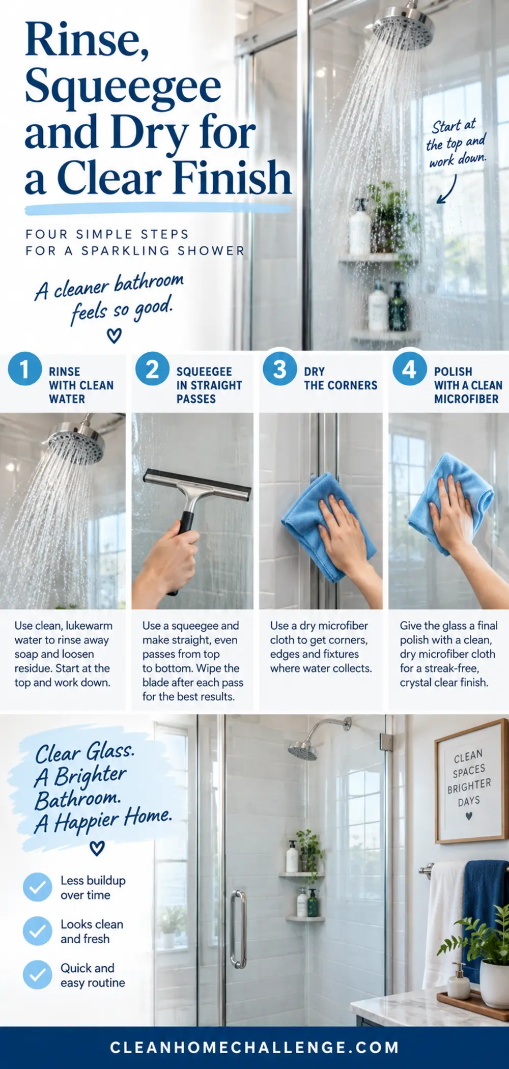 Shower glass being rinsed, squeegeed in straight passes and dried with microfiber.