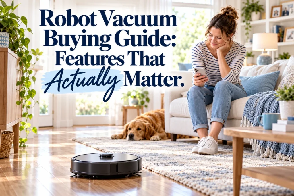 Robot vacuum moving across mixed floors in a bright family home while a parent compares practical features