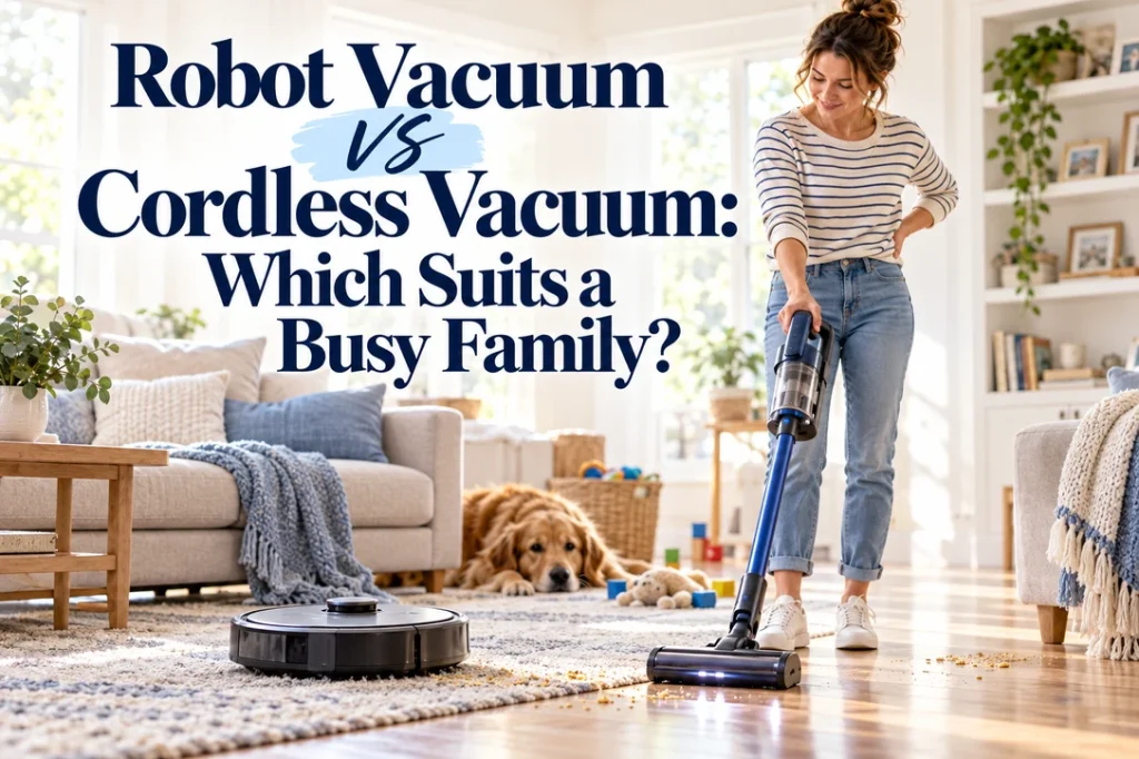 Busy parent comparing a robot vacuum and a cordless stick vacuum in a bright family living room