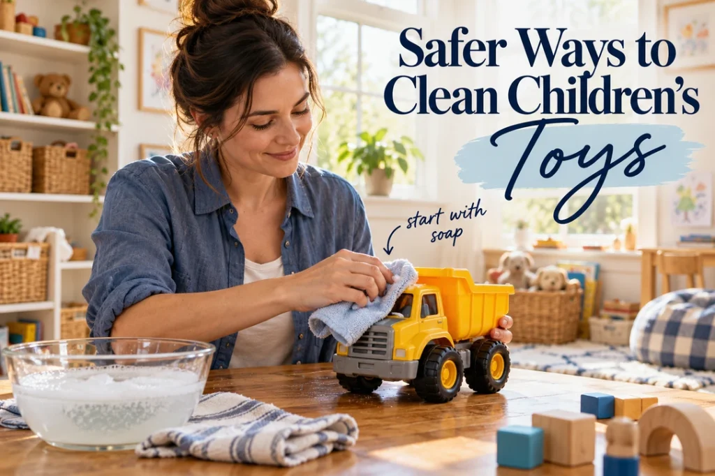 Parent wiping a yellow plastic toy truck with a cloth beside a bowl of soapy water
