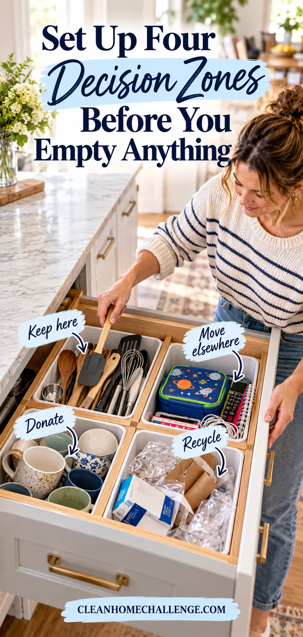 Four labeled sorting containers beside one open kitchen drawer during a focused decluttering session.