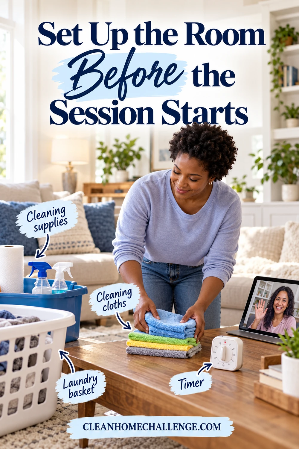 A woman arranges cloths, a basket, timer and tablet before a cleaning session.