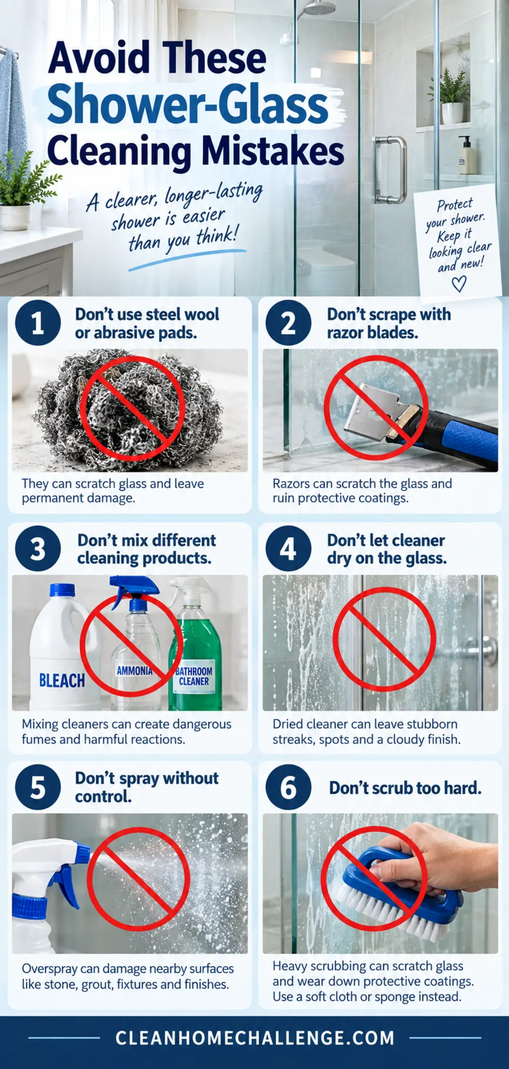 Six-panel warning checklist showing unsafe shower-glass tools and cleaning habits crossed out.