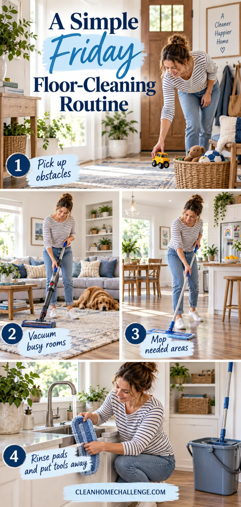 Vacuum, flat mop, clean pads and a blank checklist arranged in an entryway.